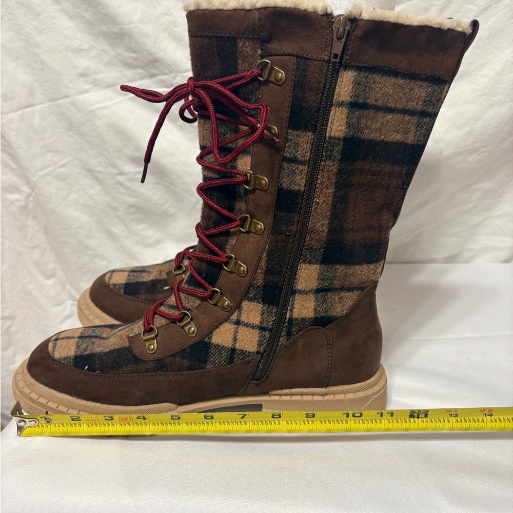 Hayleigh Lace-Up Winter Boots in a brown plaid pattern. - Picture 7 of 13